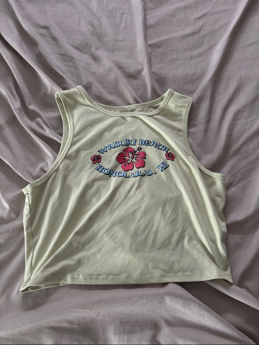 SHEIN Pale Yellow Waikiki Beach Hibiscus Crop Tank